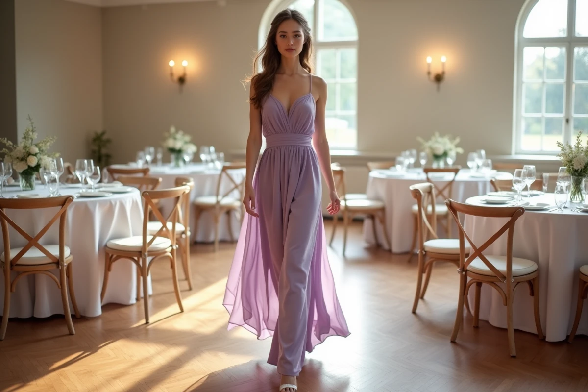 Femme en robe lavande marchant dans salle de mariage intérieur