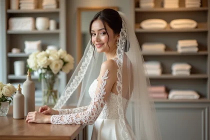 Femme élégante examine un voile de mariée dans une boutique