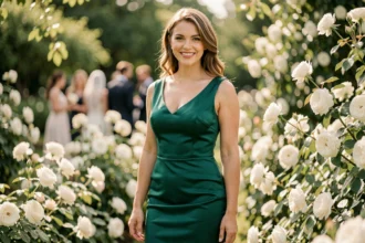 Femme élégante en robe verte émeraude mi-longue lors d'un mariage en plein air dans un jardin fleuri