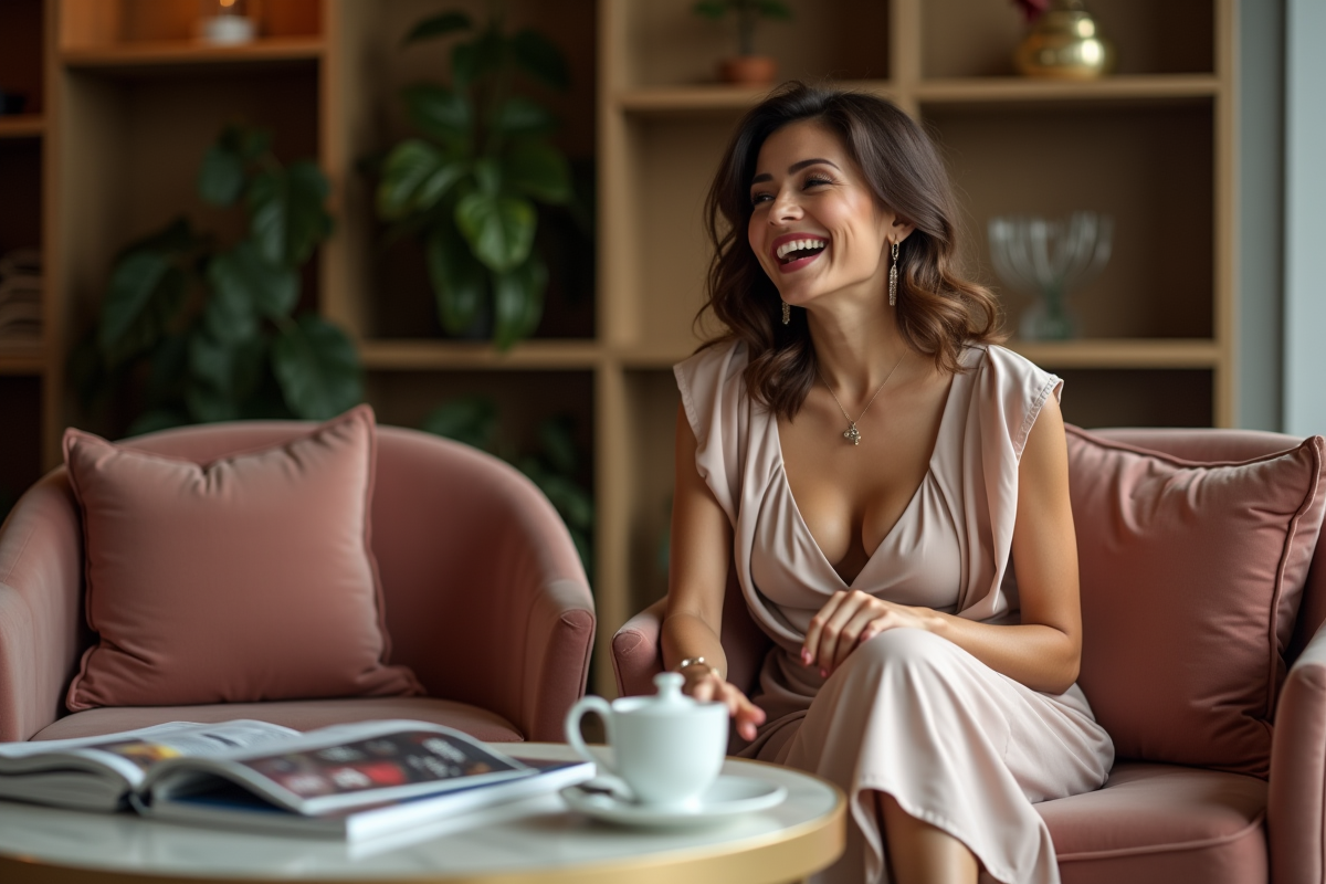 Femme élégante riant dans un salon cosy
