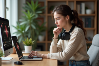 Jeune femme concentrée sur son ordinateur dans un bureau moderne