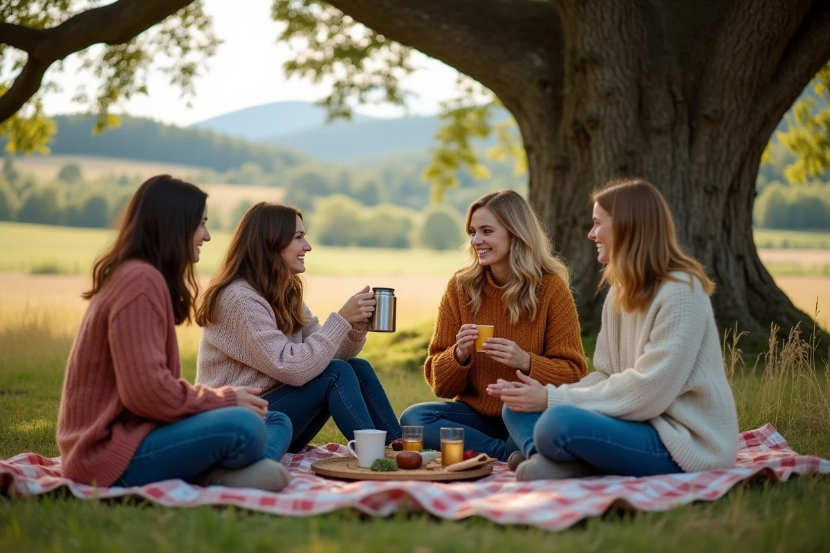 Femmes discutant autour d un pique-nique sous un chêne
