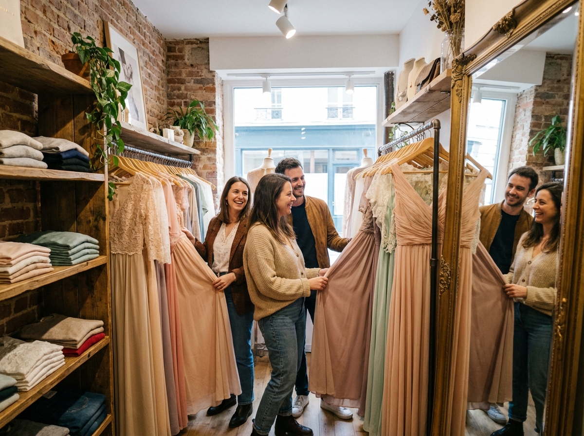 Trois amis choisissant des robes de demoiselle d