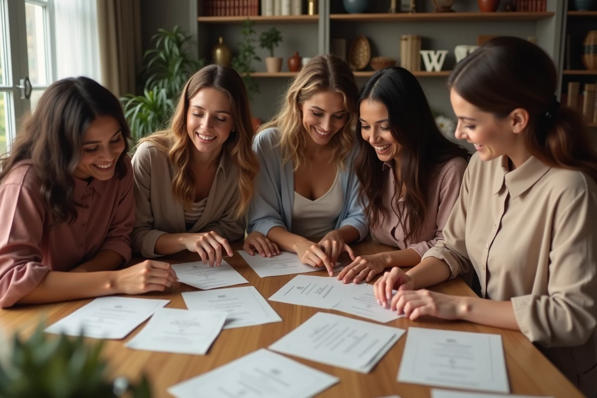 Groupe de jeunes femmes prépare des invitations de mariage