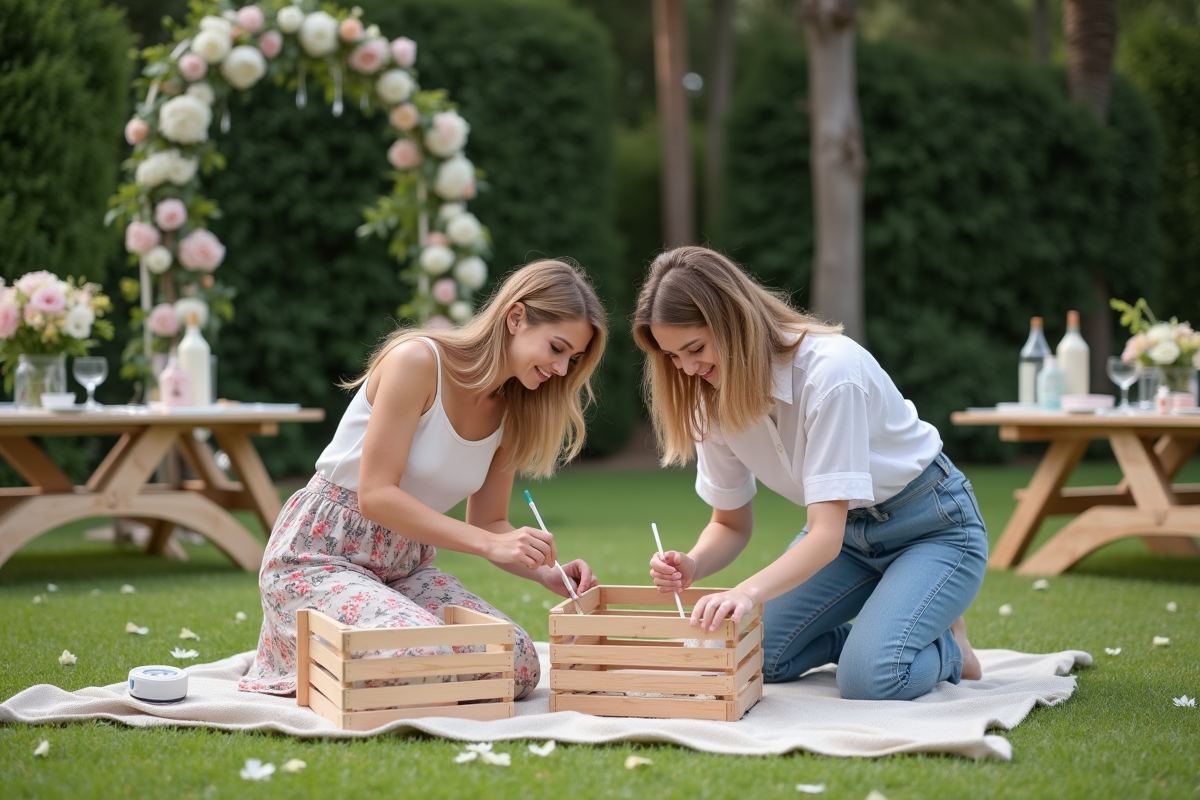 Deux femmes peignant caisses en bois en extérieur