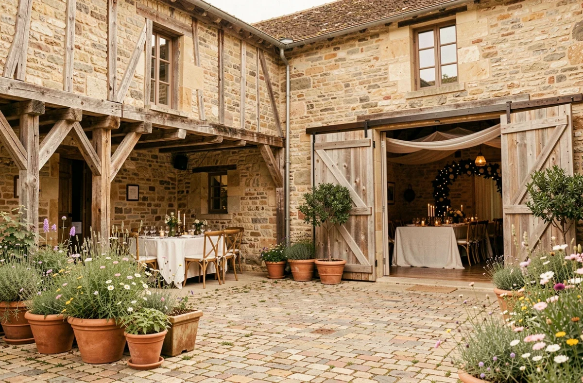 Cour en pavés de la Ferme du Parc avec grange en pierre et décoration florale rustique