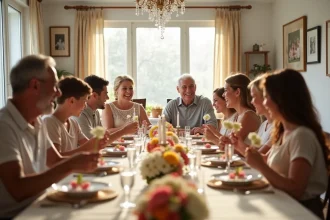 Famille multigénérationnelle réunie autour d'une table décorée pour fêter les 35 ans de mariage des grands-parents