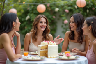 Femmes riant autour d une table de jardin avec gâteau décoré