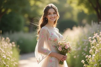 Jeune femme en robe de mariée florale dans un jardin
