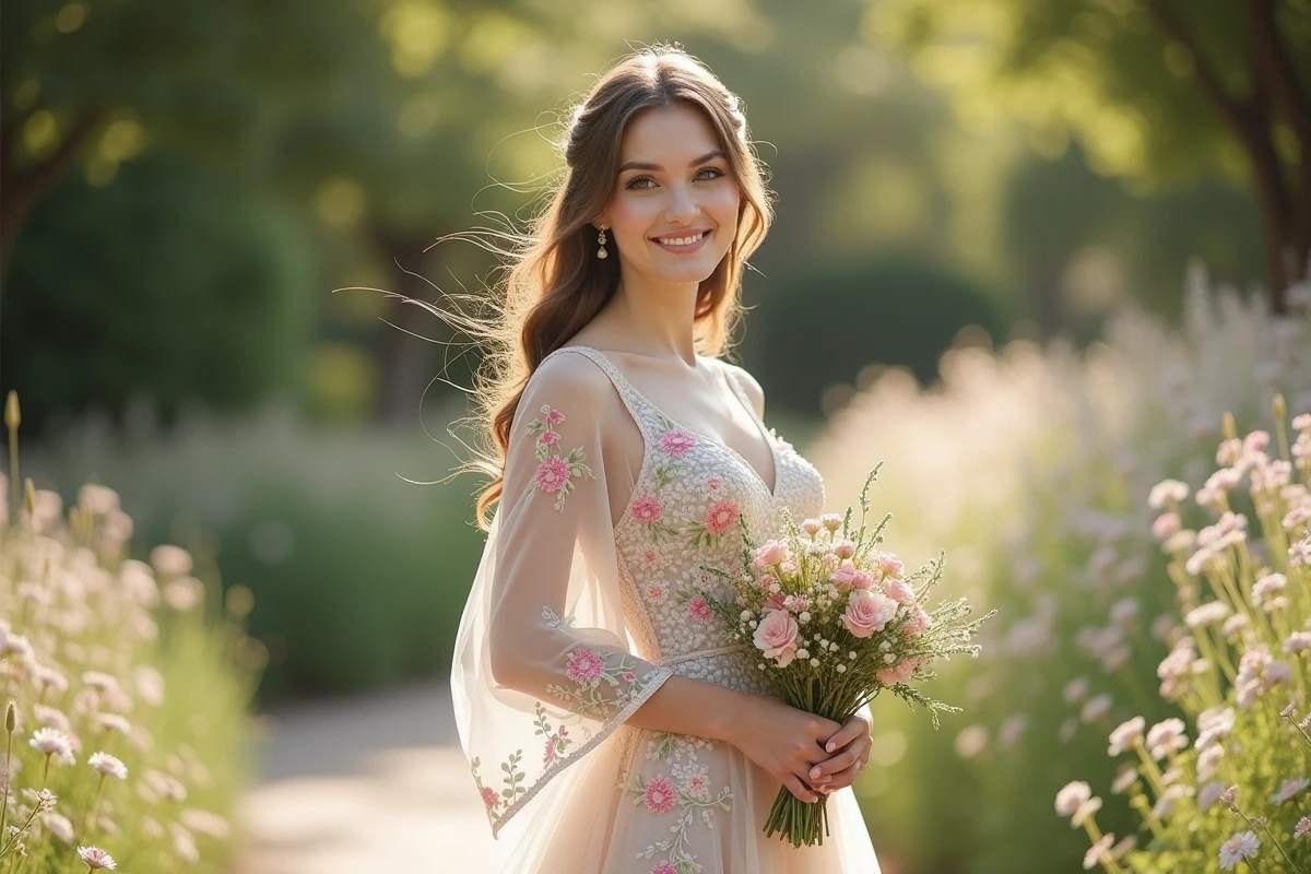 Jeune femme en robe de mariée florale dans un jardin