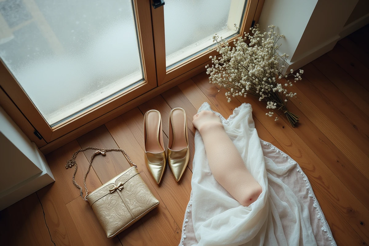 Flat lay d'accessoires de mariage hivernal avec escarpins dorés, collants dorés et pochette ivoire sur parquet en bois