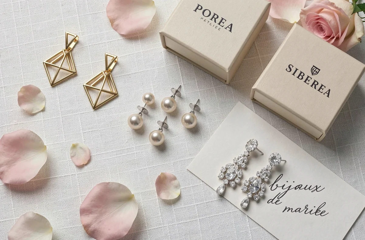 Flat-lay de trois paires de boucles d'oreilles de mariage avec leurs écrins sur fond de lin blanc