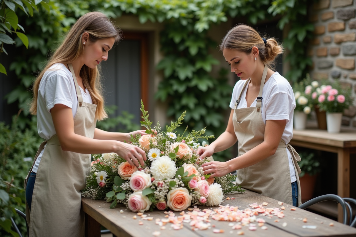 Deux fleuristes arrangeant des fleurs de mariage en extérieur