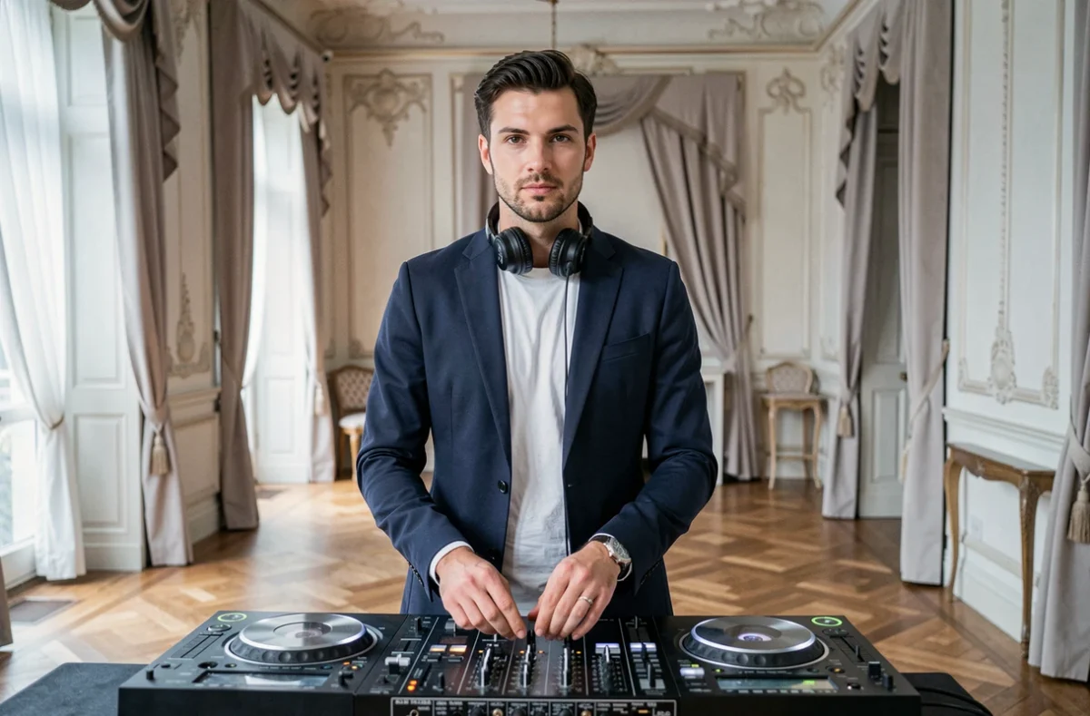 DJ French Vibes dans une tenue élégante derrière sa console dans une salle de mariage haut de gamme