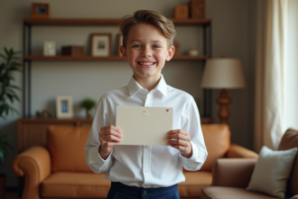 Garçon souriant tenant une enveloppe décorée dans un salon chaleureux