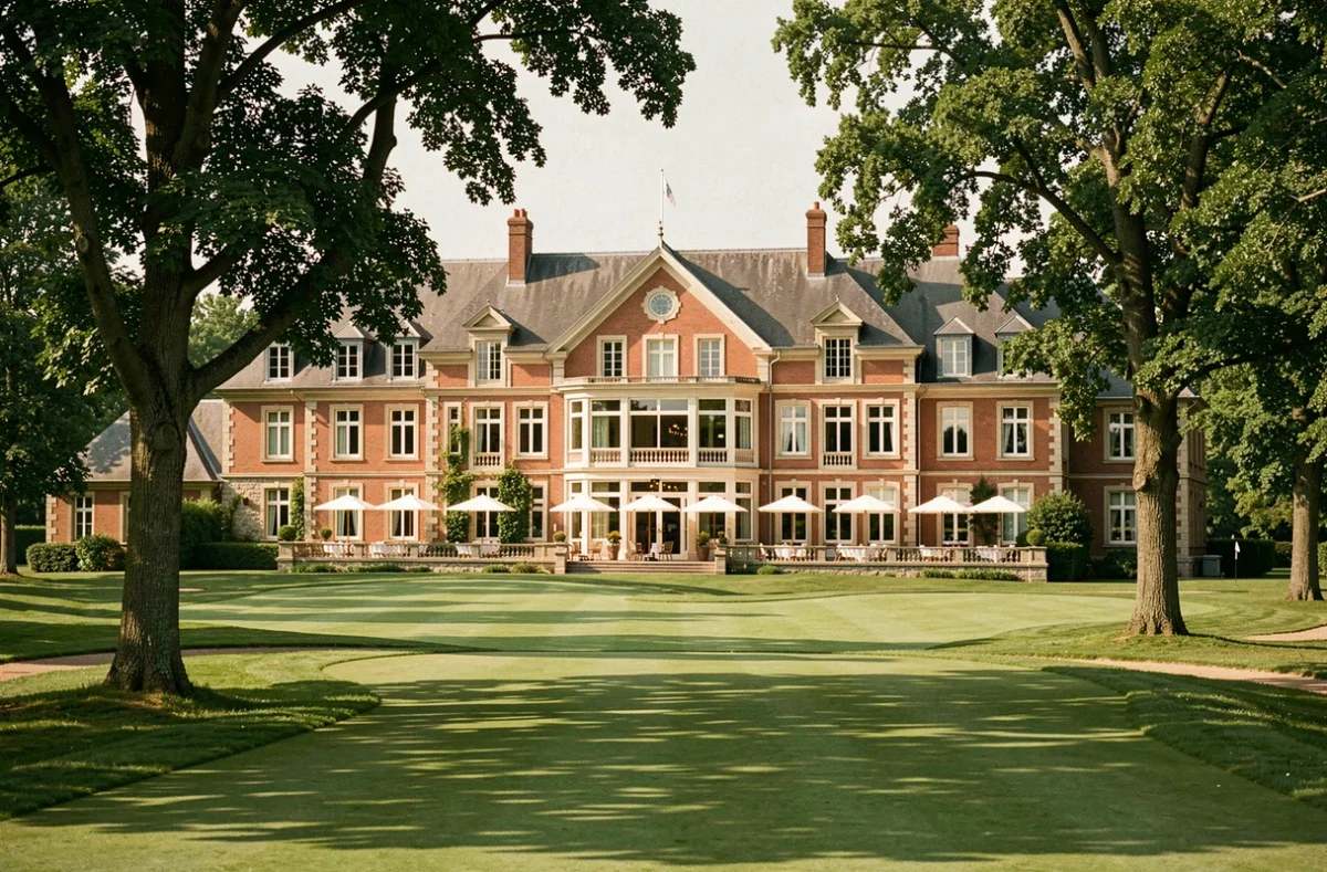 Clubhouse du Golf de Marivaux avec terrasse de réception et fairway verdoyant en premier plan