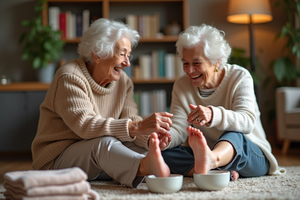 Grand-mère et petite fille jouant avec des objets dans le salon