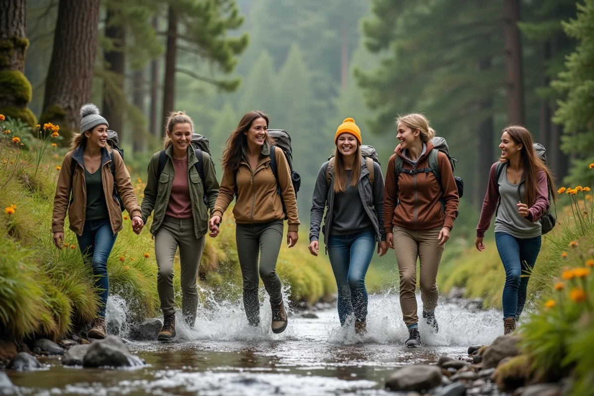 Groupe de femmes randonneuses traversant un ruisseau en forêt