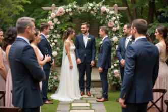 Groupe d'invites souriants lors d'un mariage en plein air