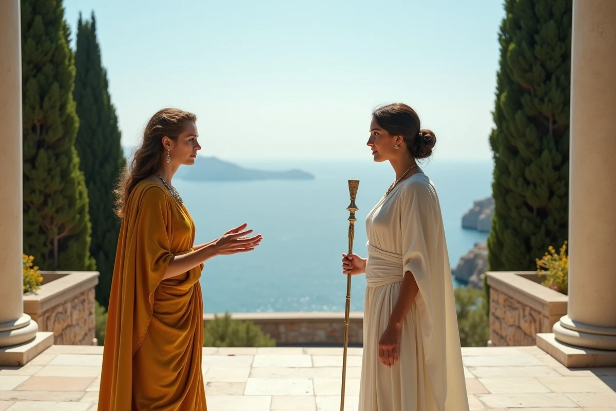 Deux femmes en costume grec antique dans un échange de pouvoir sur une terrasse de marbre face à la mer, illustrant la complexité du personnage d'Héra