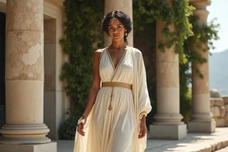 Femme majestueuse en tenue grecque antique dorée devant des colonnes de marbre, incarnant la puissance et l'indépendance d'Héra