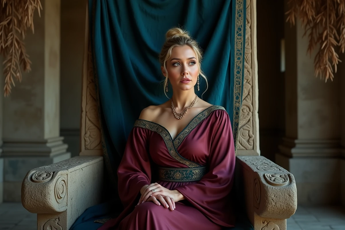 Femme à l'expression ambivalente assise sur un trône antique orné, symbolisant la dualité d'Héra entre épouse et souveraine