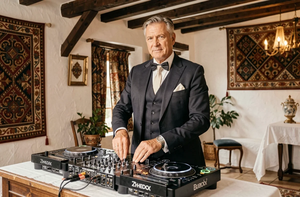 Bruno Marti de H&M Music en costume trois pièces derrière sa console lors d'un mariage au Pays Basque