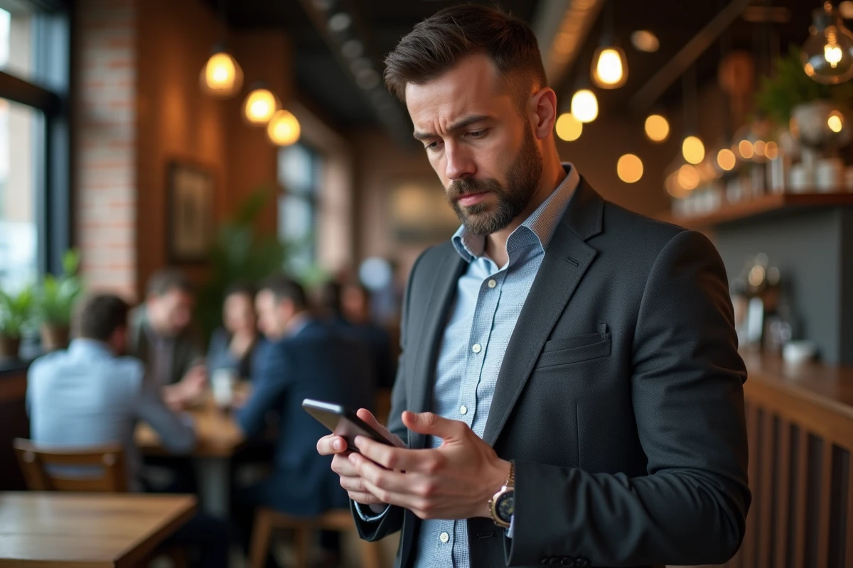 Homme en blazer dans un café urbain avec smartphone