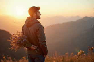 Homme regardant l'horizon au lever du soleil en montagne