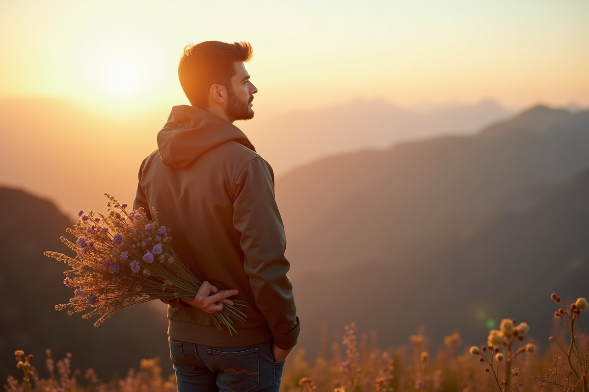 Homme regardant l'horizon au lever du soleil en montagne