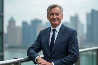 Homme d'affaires en costume sur une terrasse urbaine