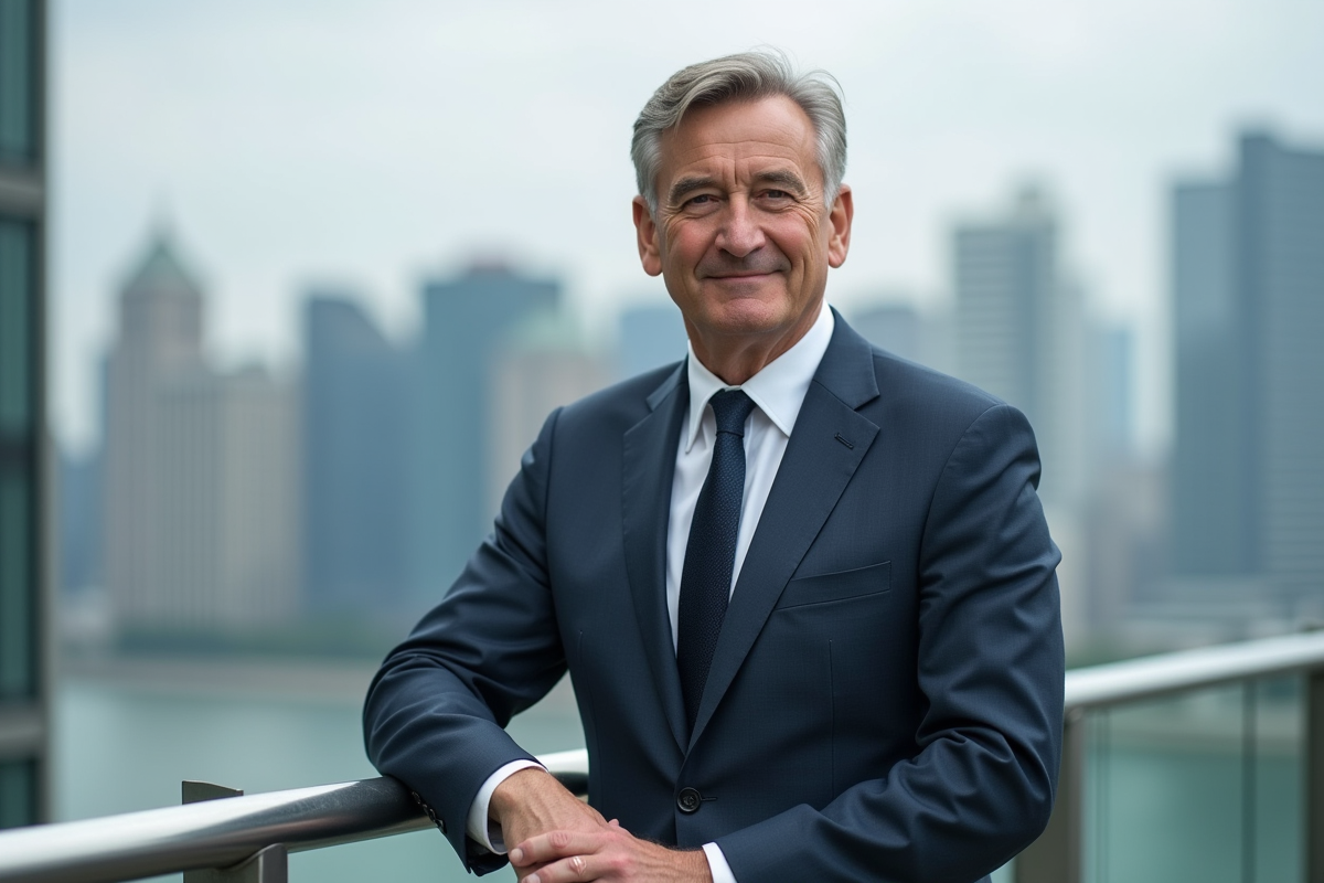 Homme d'affaires en costume sur une terrasse urbaine