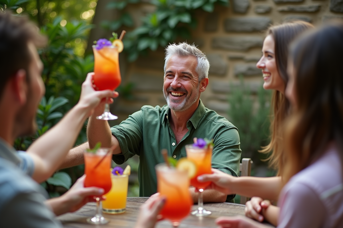 Homme riant avec un cocktail décoré de fleurs comestibles