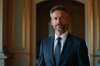 Portrait d'un homme politique élégant en costume bleu marine dans un intérieur parisien classique