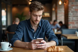 Jeune homme consultant son smartphone dans un café, illustrant les rumeurs et spéculations sur les réseaux sociaux