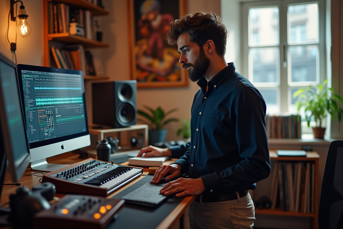 Homme en studio créatif avec instruments et écrans audio