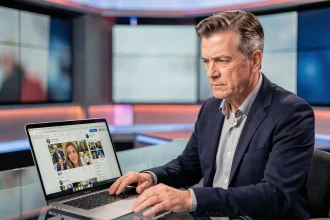 Homme en blazer marine assis devant un ordinateur affichant des photos non vérifiées sur les réseaux sociaux, dans un studio de télévision moderne