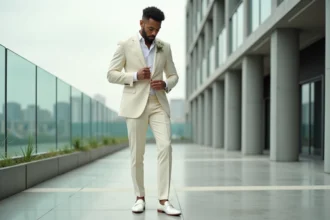 Homme en costume blanc ajusté et chaussures blanches élégantes