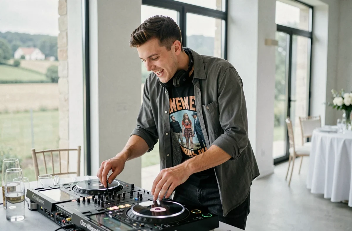 Hugo B, jeune DJ dynamique en pleine performance lors d'un mariage contemporain en Nouvelle-Aquitaine