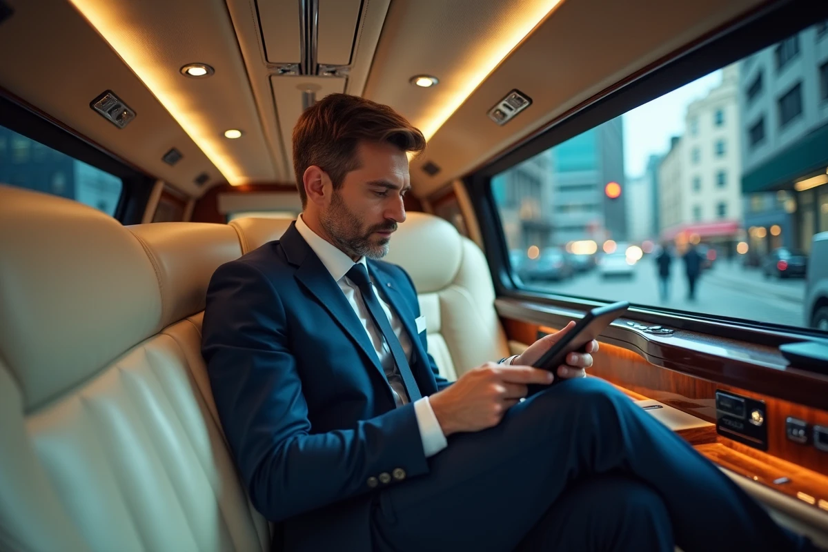 Intérieur luxueux d'une limousine avec un homme d'affaires travaillant sur tablette, illustrant le confort d'une location longue durée