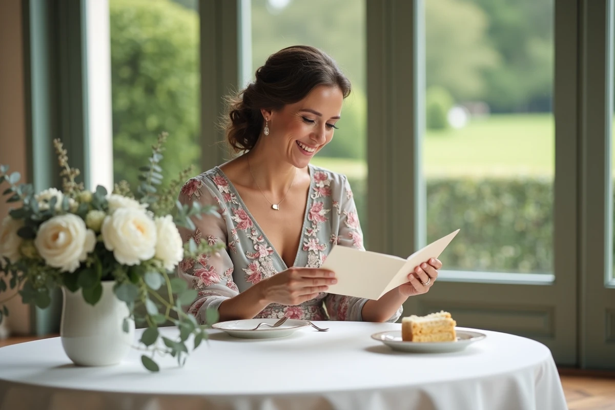 Invitée de mariage souriante lisant une carte de félicitations humoristique inspirée de séries télévisées lors d'une réception élégante