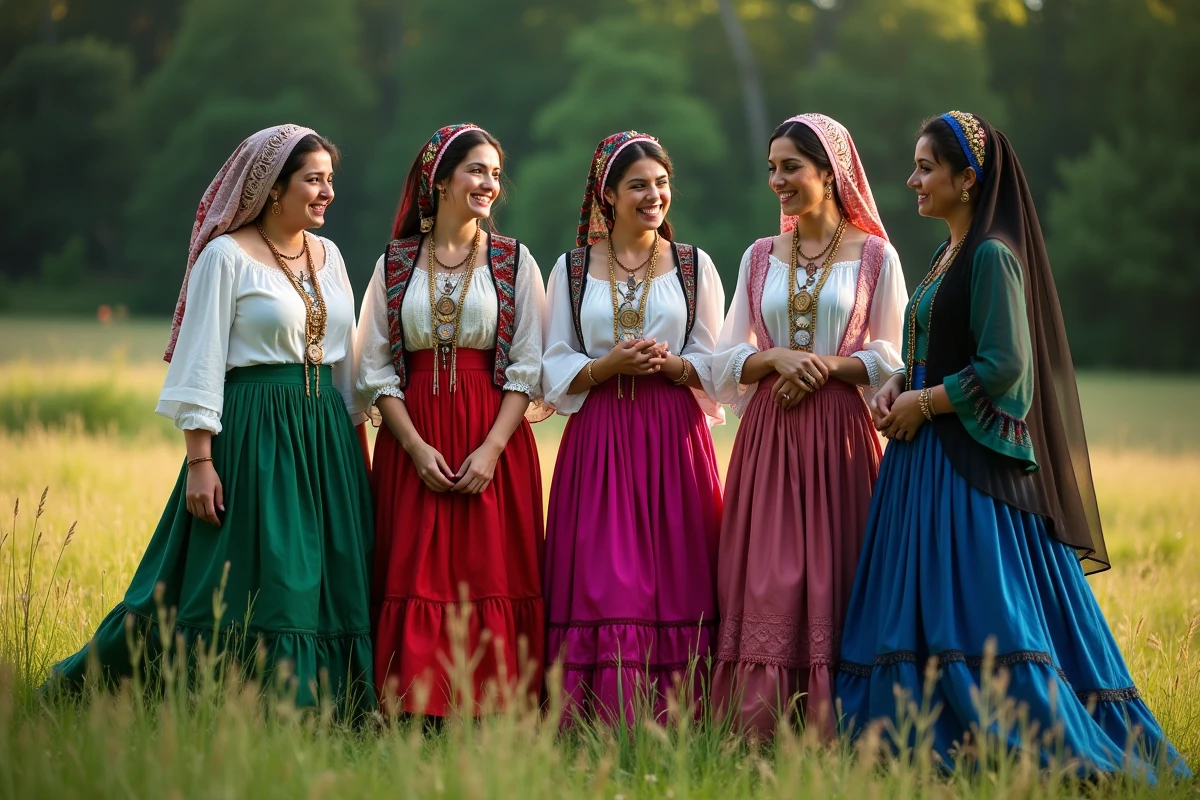 Invitées d'un mariage gitan en tenues colorées avec bijoux traditionnels, riant ensemble dans une prairie au bord d'une forêt