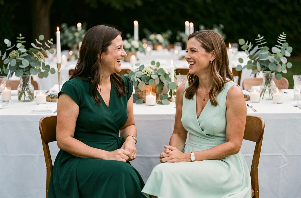 Deux invitées en robes vertes assises à une table de réception de mariage décorée avec des arrangements floraux