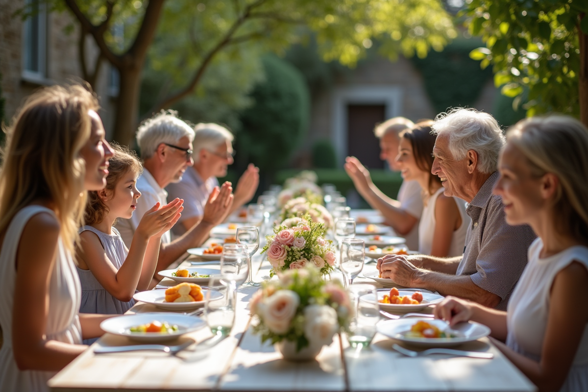 Groupe d invités de mariage autour d