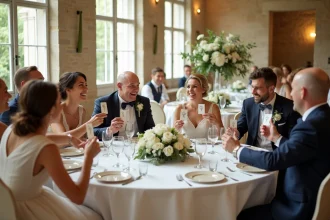 Groupe d'invités jouant au jeu des douze mois lors d'un mariage civil, riant autour d'une table décorée avec des cartes illustrées à la main