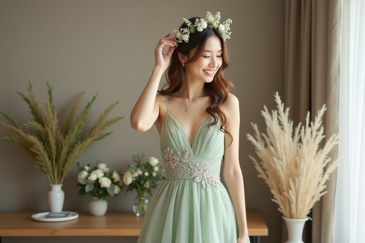 Jeune mariée en robe verte ajustant une couronne florale naturelle