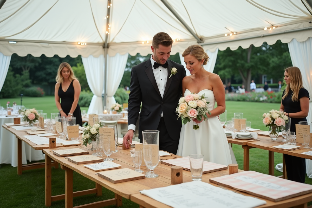 Jeune couple discutant de decor de mariage en plein air