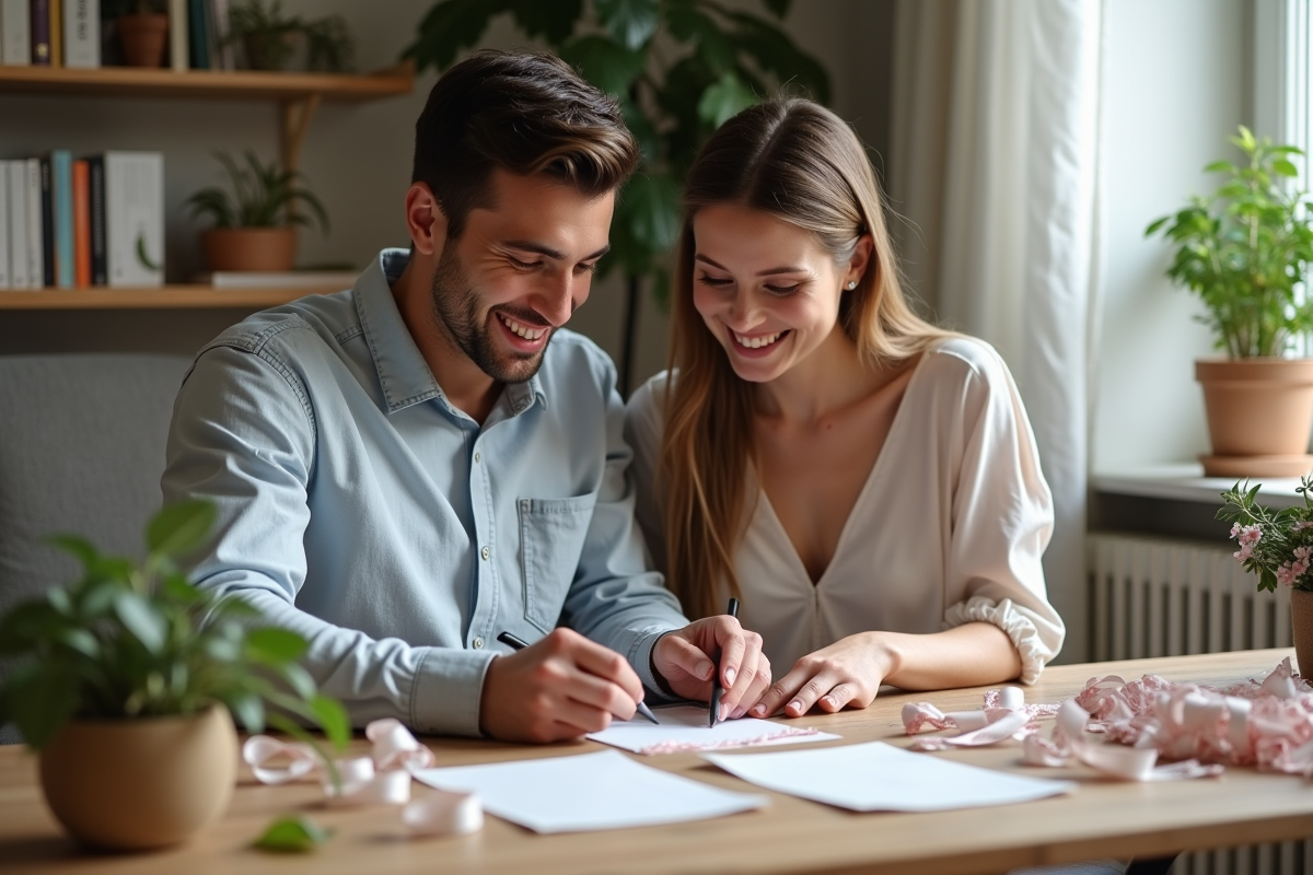 Jeune couple créant décoration mariage dans un salon cosy