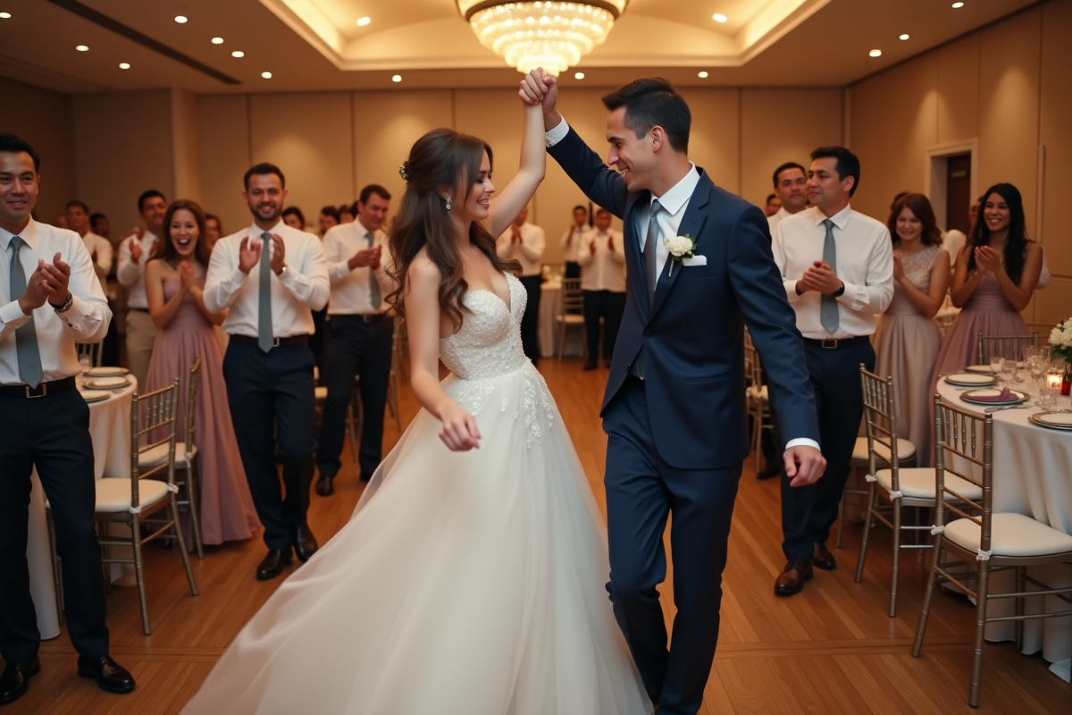Jeune couple de mariés dansant lors d
