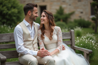 Jeune couple marié souriant dans un jardin romantique